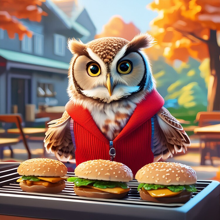 owl making burgers